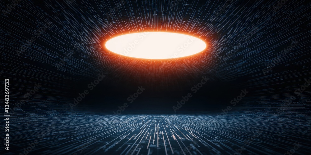 Poster a glowing, elliptical portal emits light amidst a sea of digital symbols, creating a mesmerizing con