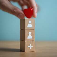 Strategic healthcare planning, wooden blocks with goal, person, and medical plus sign for emergency action plan