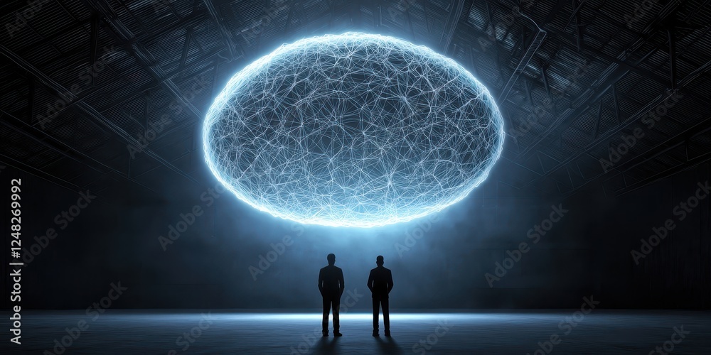 Poster Two figures stand beneath a luminous, floating orb that emits a network of glowing lines, creating a futuristic and ethereal atmosphere.
