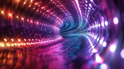 3D render of a futuristic tunnel with vibrant neon lights, creating a mesmerizing pathway of colors