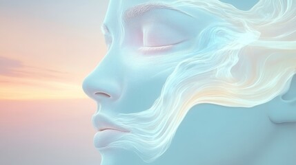Dreamlike facial profile in soft pastel tones blending the boundary between human features and ethereal flowing forms Serene otherworldly