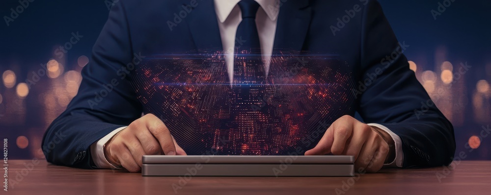 Poster A businessman interacts with a holographic display, showcasing digital data and technology in a modern office environment.