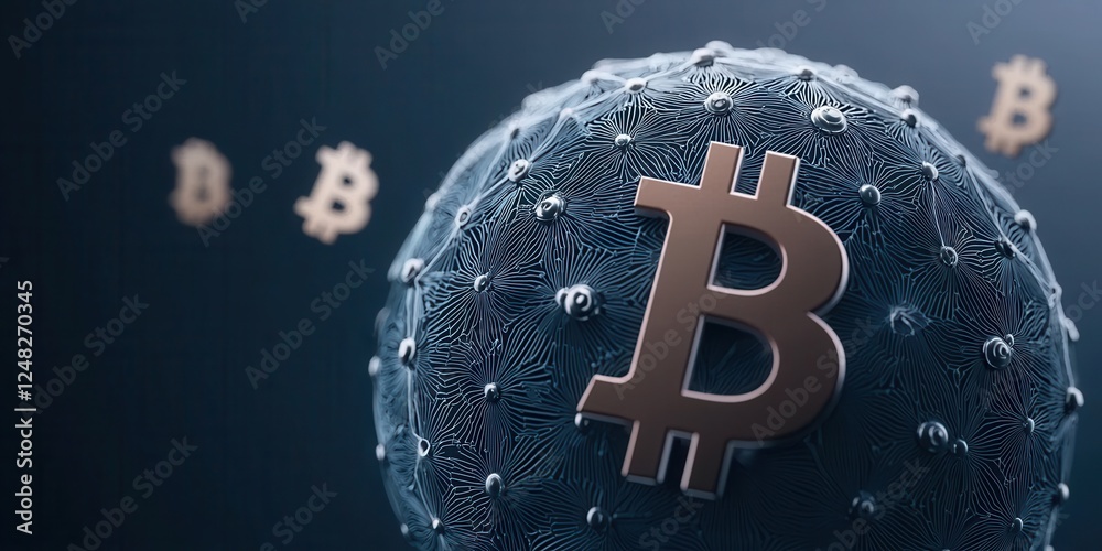 Poster A stylized representation of a Bitcoin symbol on a textured surface, with additional Bitcoin symbols softly illuminated in the background.
