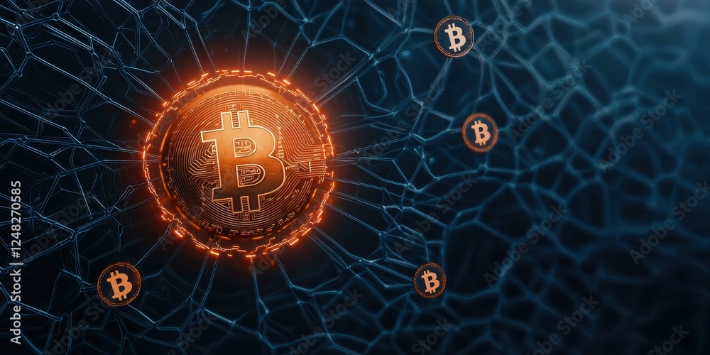 Aufkleber A glowing Bitcoin symbol is centered in a network of interconnected lines, representing the digital currency's blockchain technology.