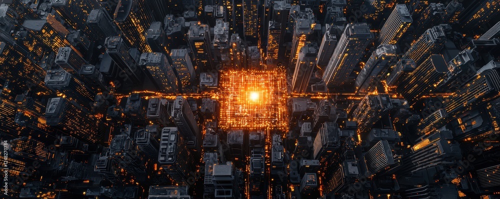 Aufkleber aerial view of a city at dusk, illuminated by a bright center, surrounded by skyscrapers creating a 