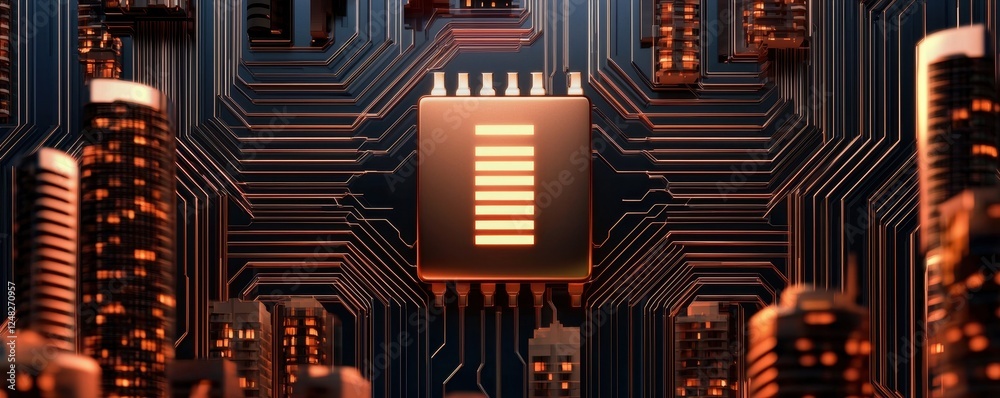 Poster A close-up view of a microchip surrounded by circuit patterns, showcasing intricate technology in a futuristic setting.