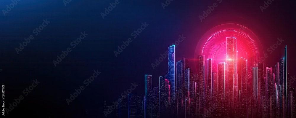 Poster a vibrant digital skyline illuminated by a glowing orb, creating a futuristic atmosphere with shades