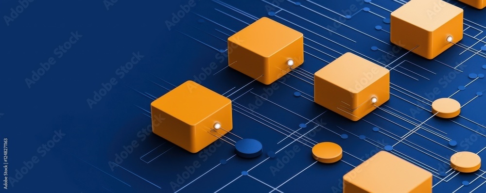 Poster abstract design featuring orange cubes and coins on a blue digital background, symbolizing technolog