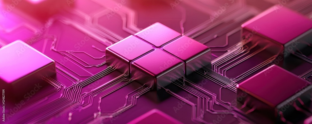 Poster a vibrant close-up of a circuit board, featuring pink square components and intricate wiring, showca