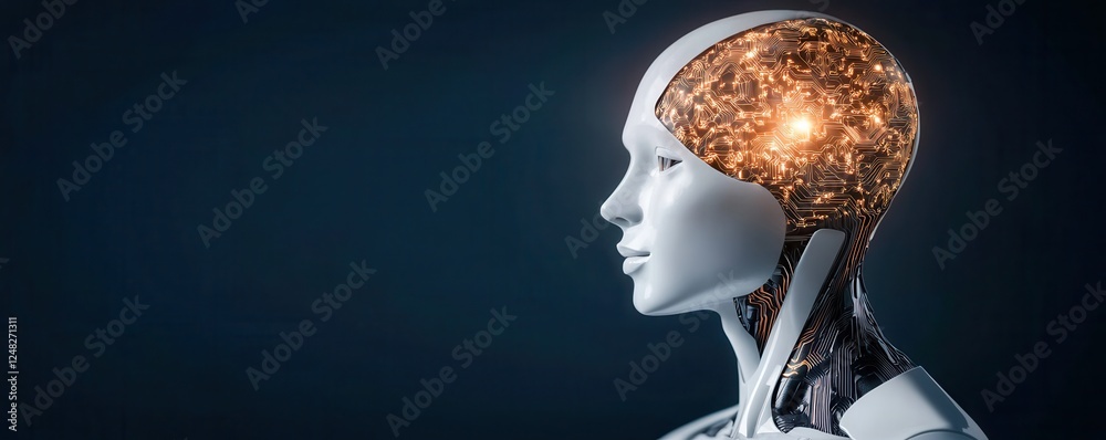 Aufkleber a futuristic humanoid robot with a glowing, intricate brain, symbolizing advanced technology and art
