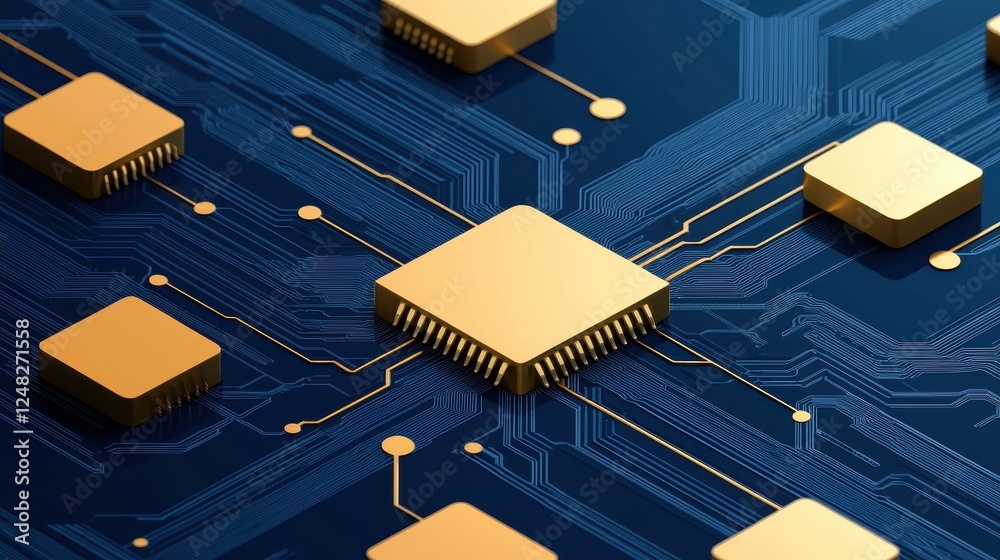 Poster An abstract close-up of a blue circuit board featuring multiple golden microchips interconnected by intricate lines.