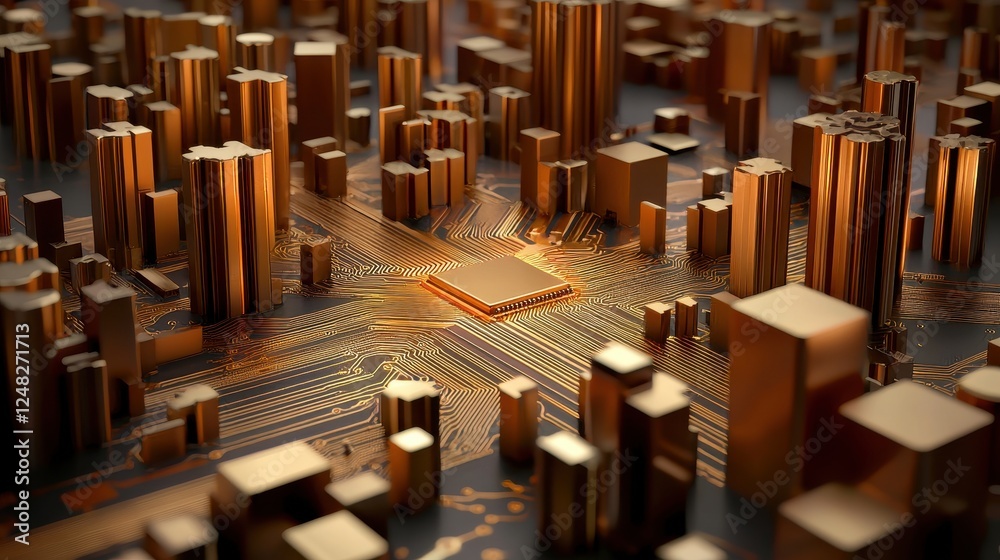 Poster A close-up view of a circuit board resembling a cityscape, featuring golden components and intricate pathways.