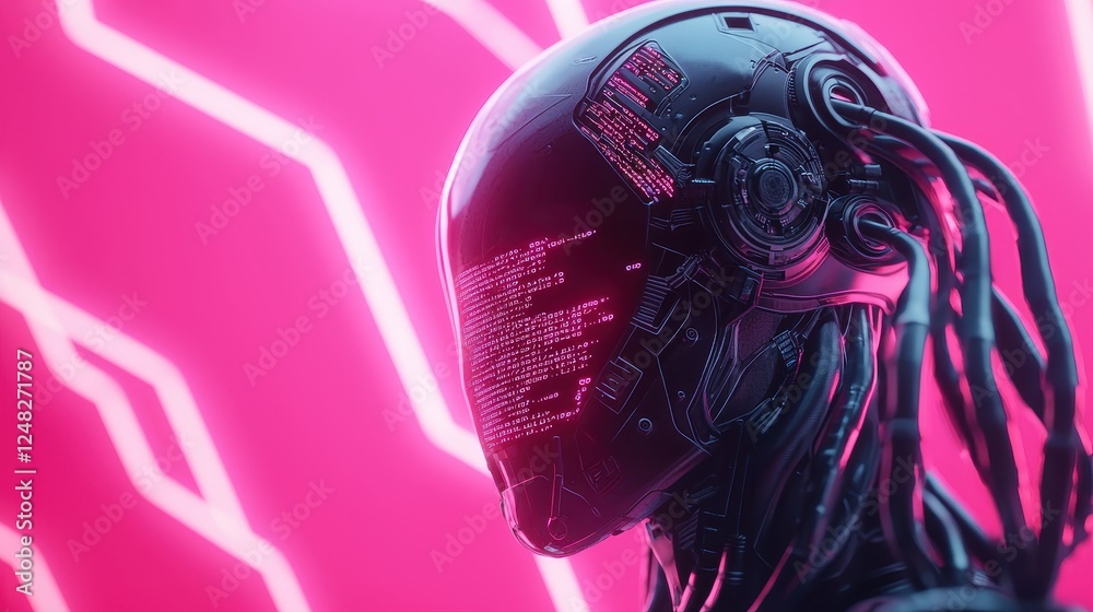 Poster a futuristic robotic head with intricate circuitry stands against a vibrant pink background, showcas
