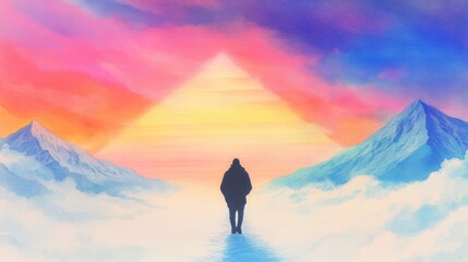 A solitary figure walks toward a luminous pyramid in a dreamlike landscape of pastel skies mountains and clouds The sky has beautiful pastel colors