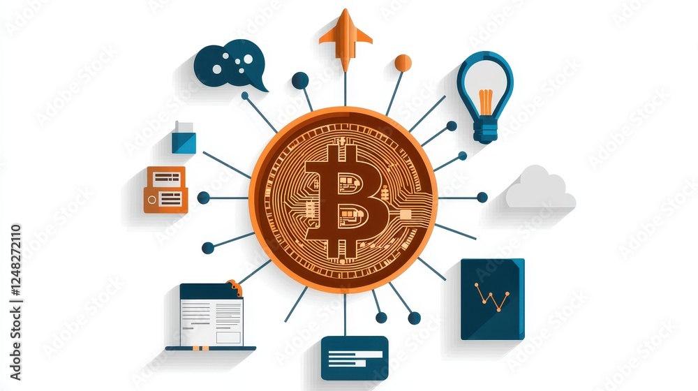 Poster a vibrant illustration showing a bitcoin symbol surrounded by various digital icons representing tec