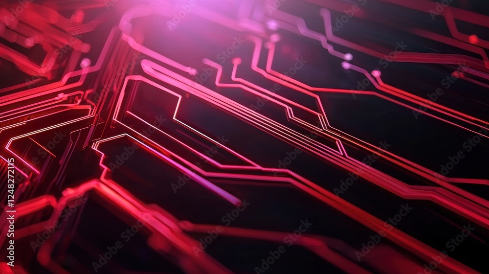 Poster a close-up of intricate red circuitry against a dark background, showcasing modern technology and el