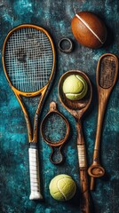 Tennis racket, balls, spoons, vintage sports still life