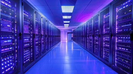 Fototapeta premium Exploring the Digital Core: A Glimpse into a Modern Data Center's Technological Marvels. High-tech infrastructure, advanced computing power, and seamless connectivity redefine the digital landscape.