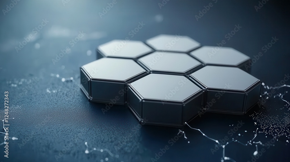 Poster a group of shiny hexagonal tiles arranged on a dark surface, reflecting light, showcasing a modern a
