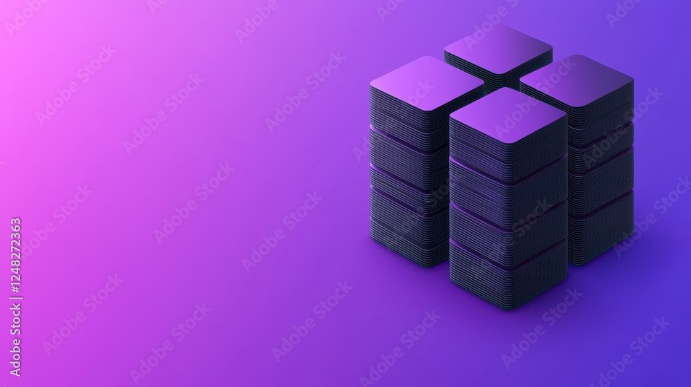 Poster A cluster of black, rectangular blocks arranged in a geometric pattern against a vibrant purple gradient background.