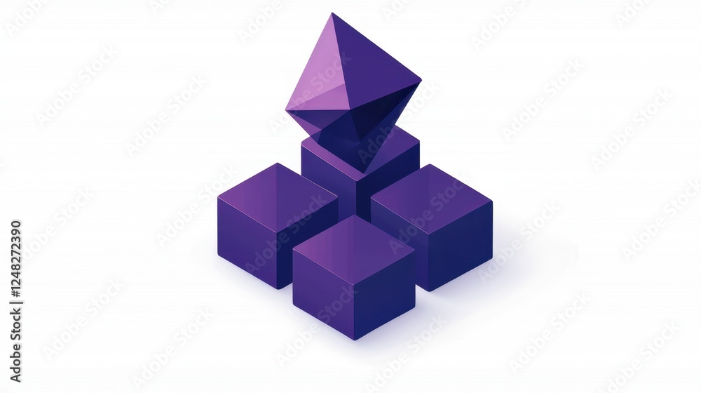 Poster a 3d rendering of geometric shapes, featuring a purple pyramid atop a cluster of purple cubes agains