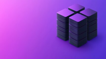 A cluster of black, rectangular blocks arranged in a geometric pattern against a vibrant purple gradient background.