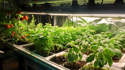 Photo: Indoor Garden Tomatoes Basil Grow Light Hydroponics Urban Farming