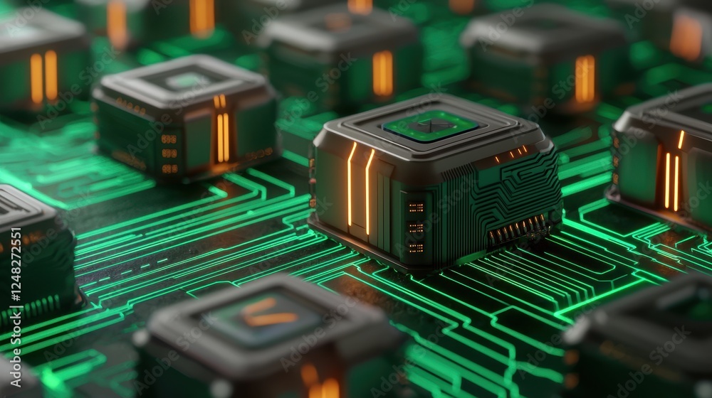 Poster A close-up view of intricate microchips on a green circuit board, showcasing advanced technology and electronic components.