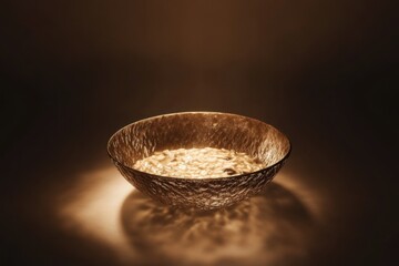 Golden bowl of creamy risotto illuminated by warm lighting