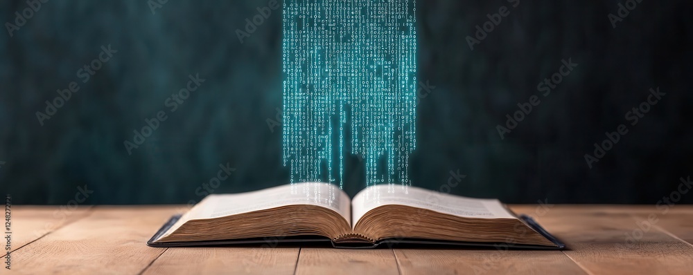 Aufkleber An open book emits a stream of binary code, symbolizing the intersection of literature and technology in a digital age.