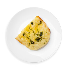 Italian focaccia flatbread. Top view, on a white background, isolated.