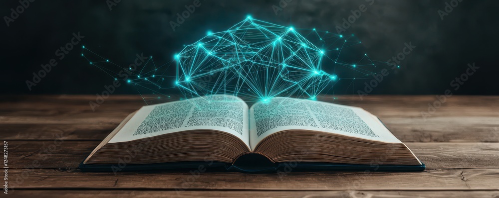 Poster an open book with glowing, interconnected lines above it, symbolizing knowledge and technology.