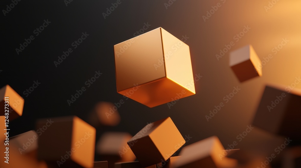 Fototapete A collection of floating golden cubes against a dark background, creating a surreal and dynamic visual effect that conveys depth and motion.