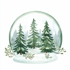 Fototapeta premium Watercolor forest scene in snow globe.
