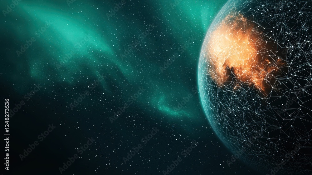 Poster a vibrant cosmic scene featuring a glowing planet intertwined with intricate networks and a backdrop
