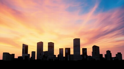 Fototapeta premium A stunning skyline at sunset with vibrant hues of orange and blue illuminating the silhouettes of modern skyscrapers against the sky.
