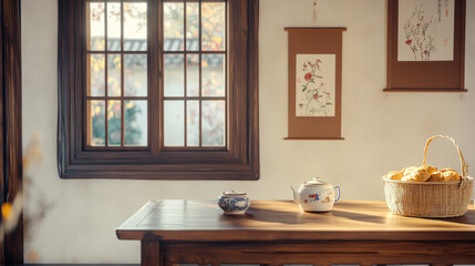 The tea sets and snacks placed on the wooden table in the window