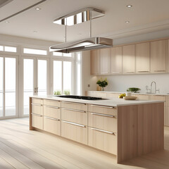 Fototapeta premium Minimalist Kitchen Interior with Light Wood and Stylish Cabinets