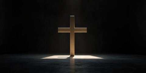 Easter Concepts. Golden cross illuminated in darkness with a spotlight effect.