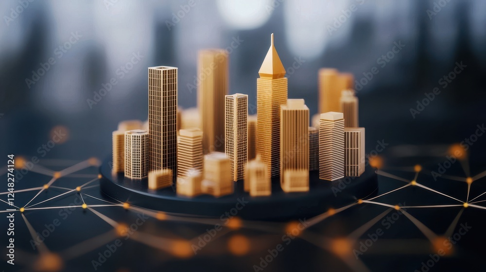 Poster a detailed miniature city skyline with golden buildings, showcasing modern architecture and intercon