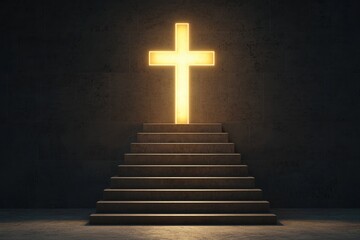 Easter Concepts. Illuminated cross on steps against a dark background.
