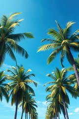 Vibrant Digital Painting of Towering Palm Trees Against a Clear Blue Sky with Sunlight Creating a Tropical Paradise Ideal for Vacation and Nature Themes