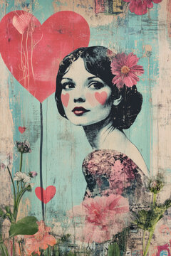 Contemporary art collage of Beautiful woman with flower and red love heart over green grunge background, Valentine day concept, illustration love poster