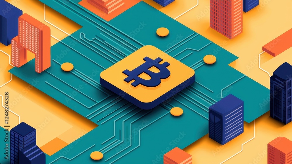 Poster a vibrant digital illustration featuring a bitcoin symbol on a circuit board, surrounded by colorful