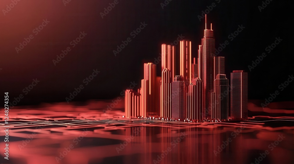 Poster a futuristic city skyline rendered in red hues, reflecting on water, creating a striking visual of u