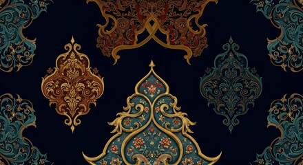 Elegant Gold Teal Damask Pattern Seamless Design