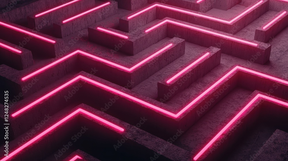 Poster A digital maze design featuring glowing pink neon lines on a textured dark surface, creating a modern and visually striking pattern.