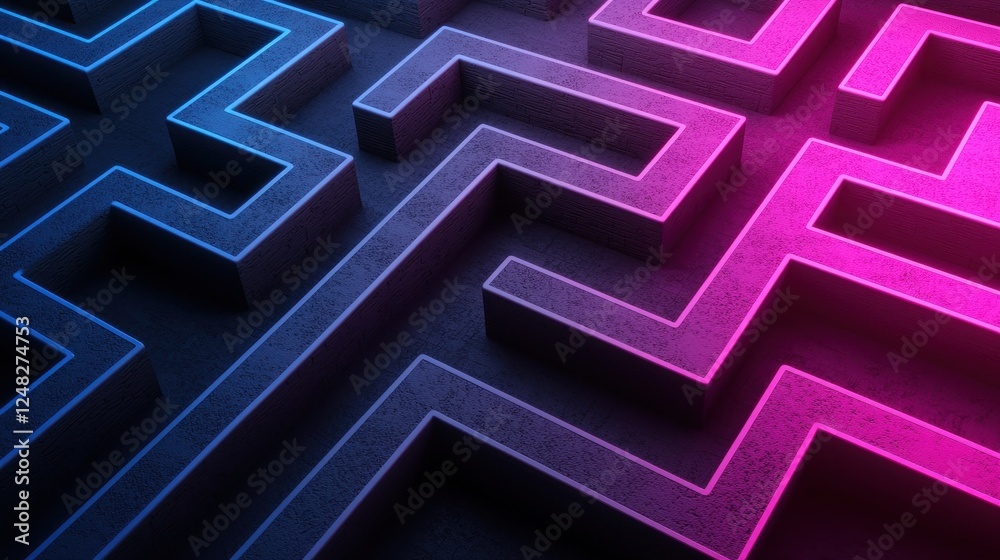 Poster A vibrant, abstract maze design featuring illuminated blue and pink pathways against a dark background, creating a dynamic visual effect.