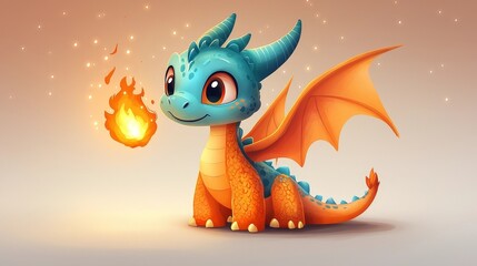 Obraz premium Cartoon Dragon Blowing Tiny Harmless Puff of Fire with Sheepish Grin on Clean White Background