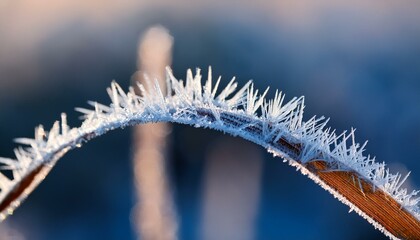 Naklejka premium A macro shot of a frost-covered blade of grass, highlighting the delicate crystalline structure and sparkling frost patterns.